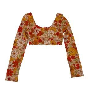 Art Class Girls Long Sleeve Orange Cropped Floral Rash Guard Medium (8)
